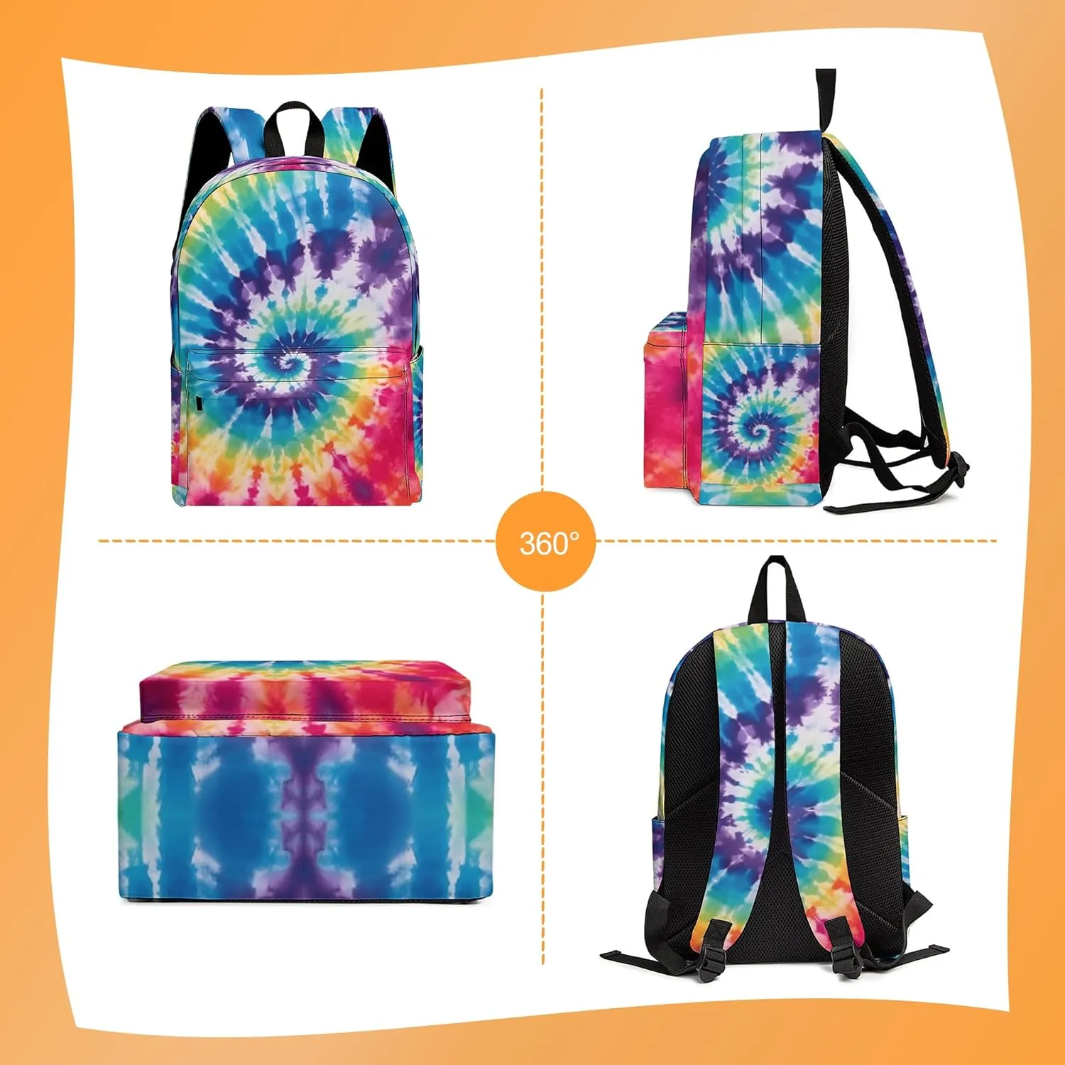 3PCS Backpack for Boys Girls, Kids School Backpack Sets with Lunch Bag Pencil Case, Large Capacity 17 Inch Bookpack 3 in 1 Set for Teens Elementary Middle High School Students (Tie Dye)