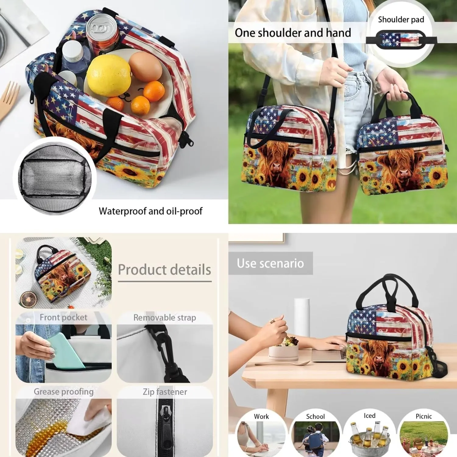 3Pcs Backpack for Girls Boys Cow American Flag Sunflower Bookbag Set Primary School Daypack Elementary Students Knapsack with Lunch Box Large Pencil Pouch Lightweight