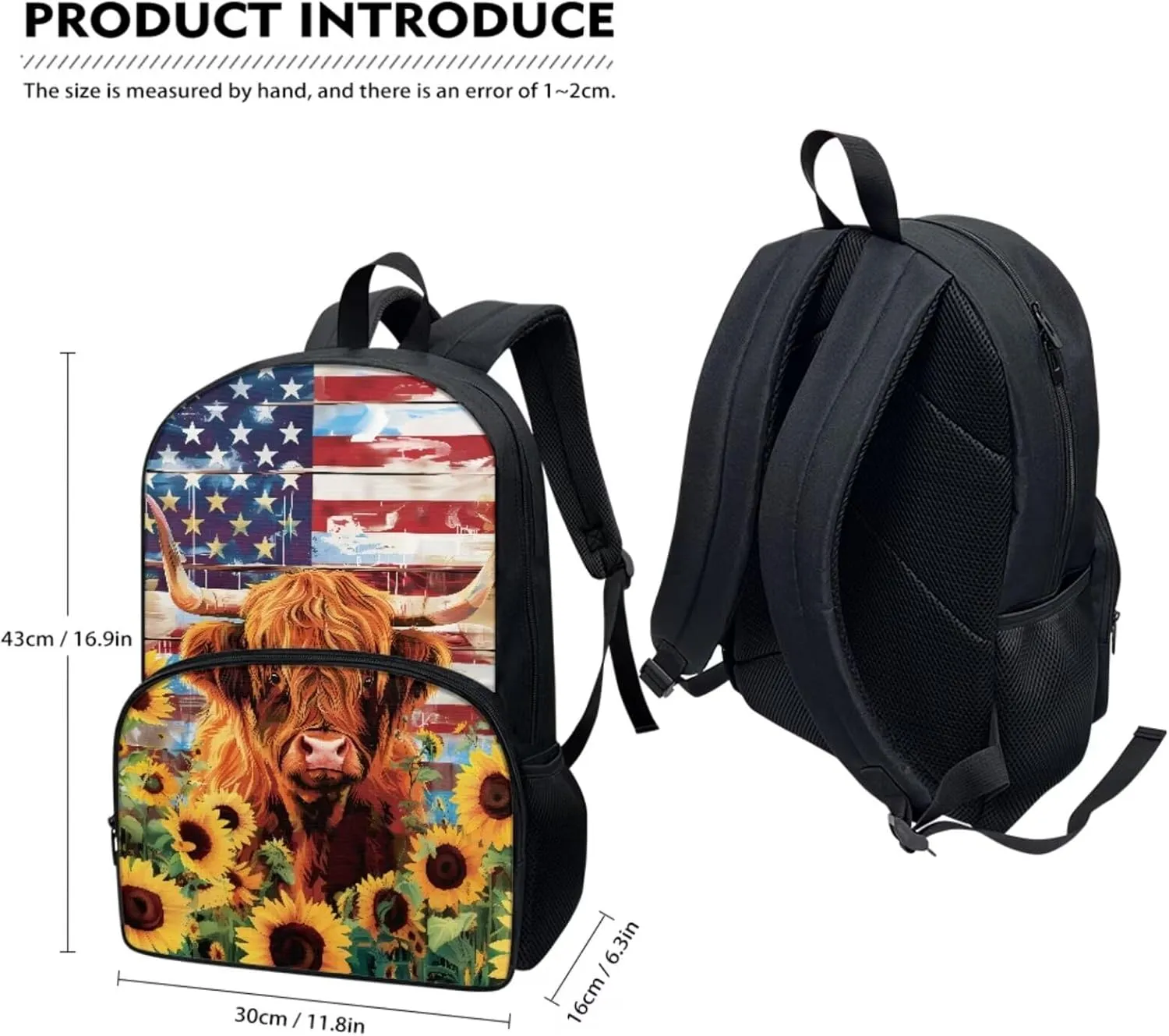 3Pcs Backpack for Girls Boys Cow American Flag Sunflower Bookbag Set Primary School Daypack Elementary Students Knapsack with Lunch Box Large Pencil Pouch Lightweight