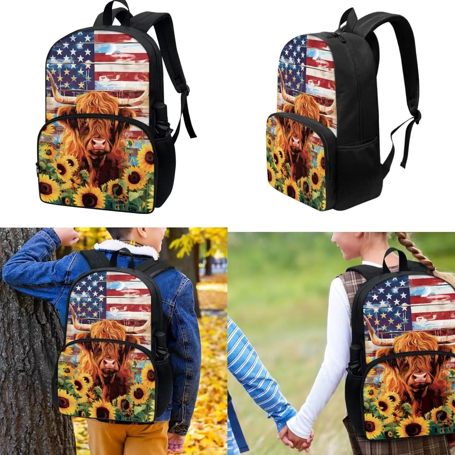3Pcs Backpack for Girls Boys Cow American Flag Sunflower Bookbag Set Primary School Daypack Elementary Students Knapsack with Lunch Box Large Pencil Pouch Lightweight