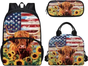 3Pcs Backpack for Girls Boys Cow American Flag Sunflower Bookbag Set Primary School Daypack Elementary Students Knapsack with Lunch Box Large Pencil Pouch Lightweight