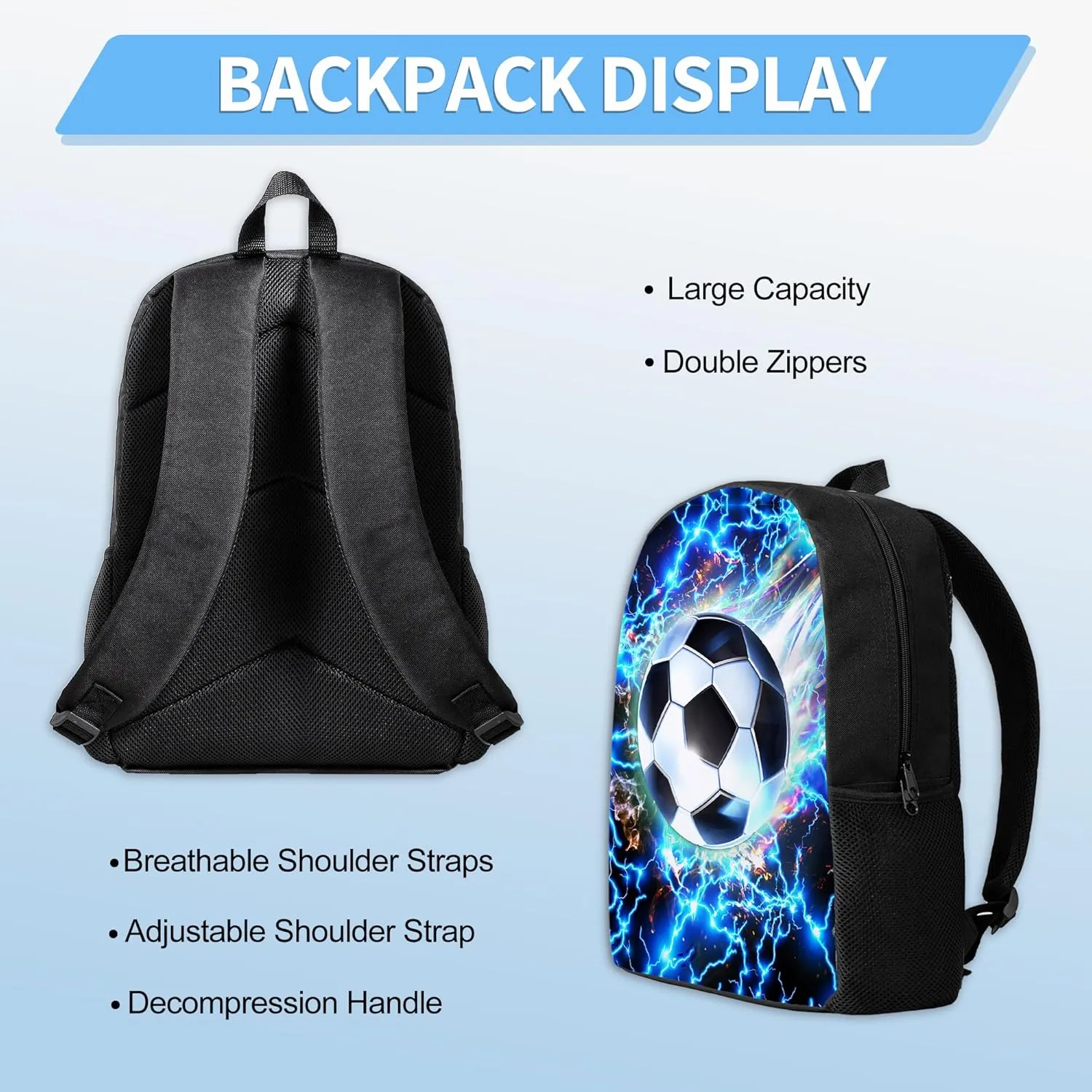 3PCS Boys Backpack, Kids School Backpack with Lunch Box Pencil Case Set, Cool Soccer Backpack for Boys Teens, 17" Schoolbag Bookbag for Elementary Middle High School Students