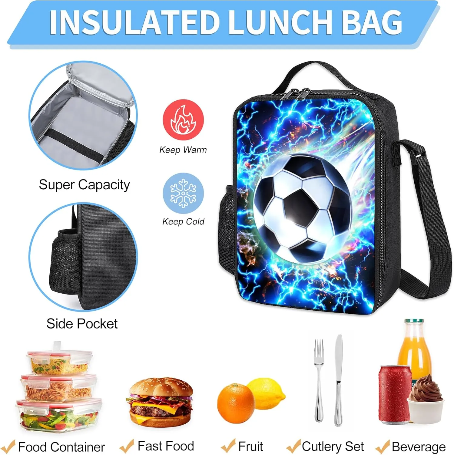 3PCS Boys Backpack, Kids School Backpack with Lunch Box Pencil Case Set, Cool Soccer Backpack for Boys Teens, 17" Schoolbag Bookbag for Elementary Middle High School Students