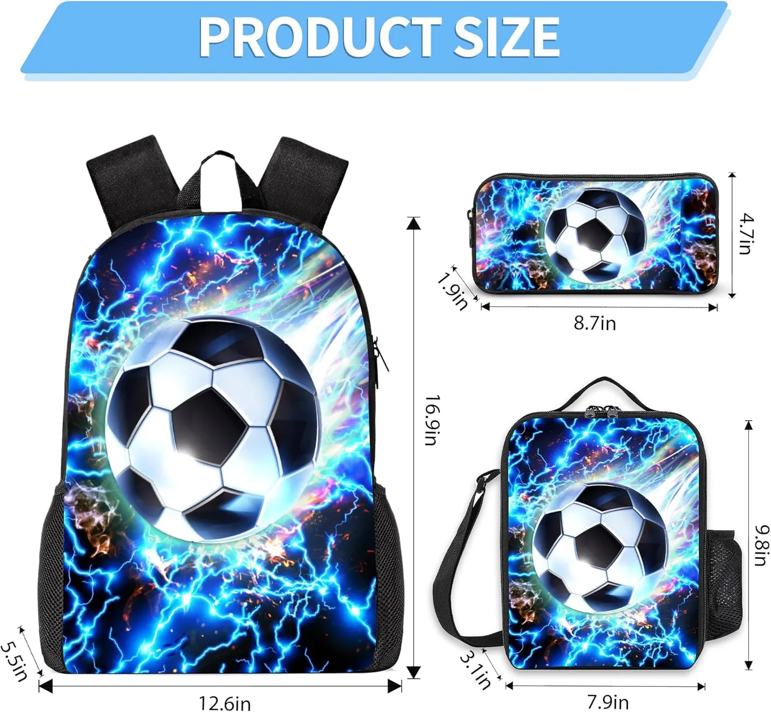 3PCS Boys Backpack, Kids School Backpack with Lunch Box Pencil Case Set, Cool Soccer Backpack for Boys Teens, 17" Schoolbag Bookbag for Elementary Middle High School Students