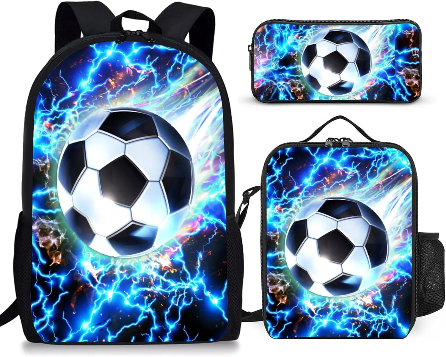 3PCS Boys Backpack, Kids School Backpack with Lunch Box Pencil Case Set, Cool Soccer Backpack for Boys Teens, 17" Schoolbag Bookbag for Elementary Middle High School Students