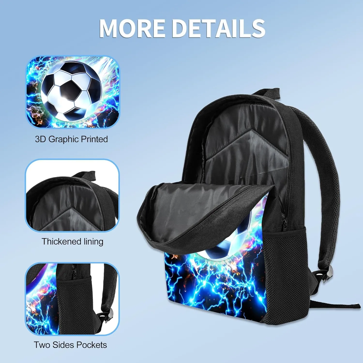 3PCS Boys Backpack, Kids School Backpack with Lunch Box Pencil Case Set, Cool Soccer Backpack for Boys Teens, 17" Schoolbag Bookbag for Elementary Middle High School Students