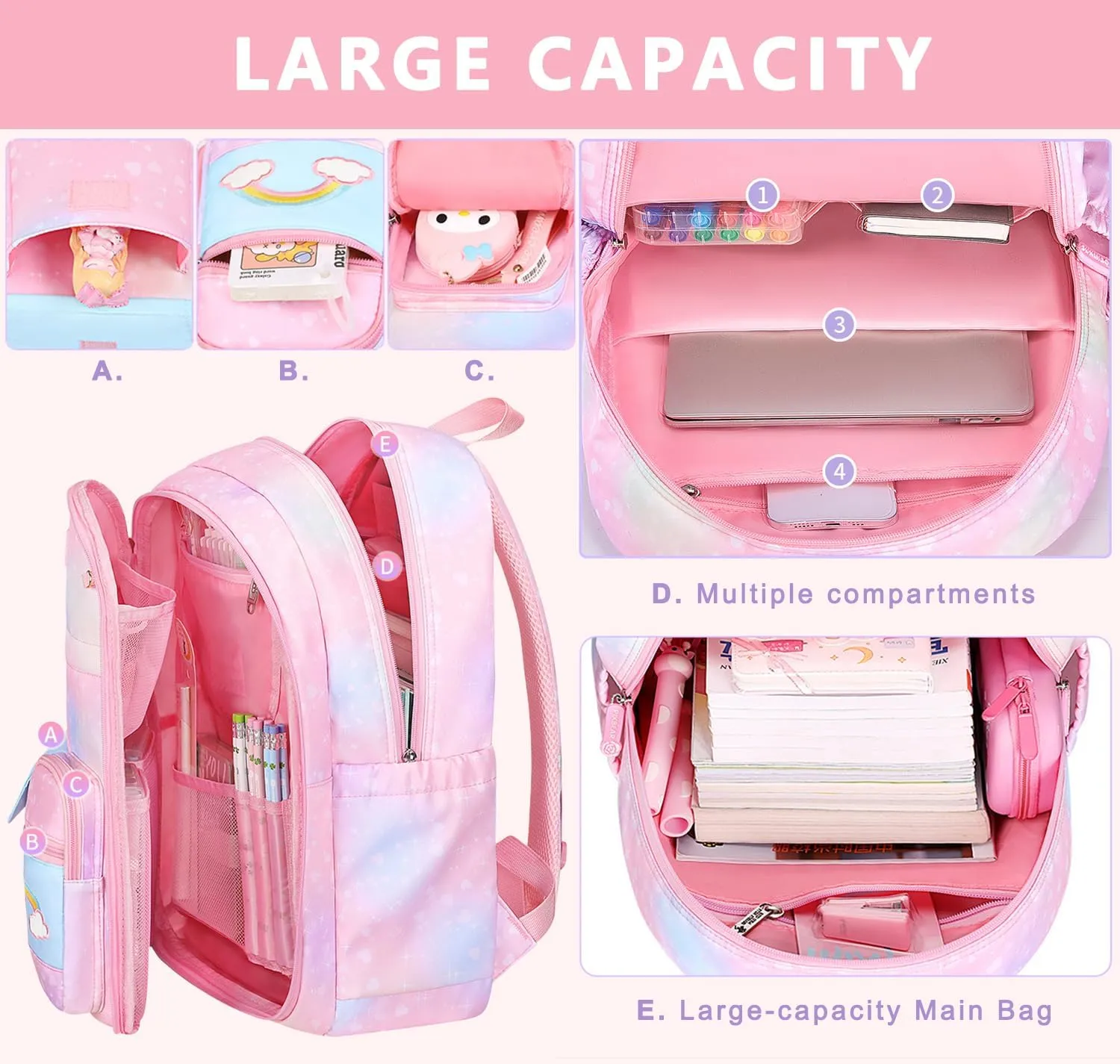3Pcs Girls Backpack Cute Rainbow Bookbag for Kids Girls Starry School Bag with Unicorn Purse Crossbody Bags and Pencil Pouch