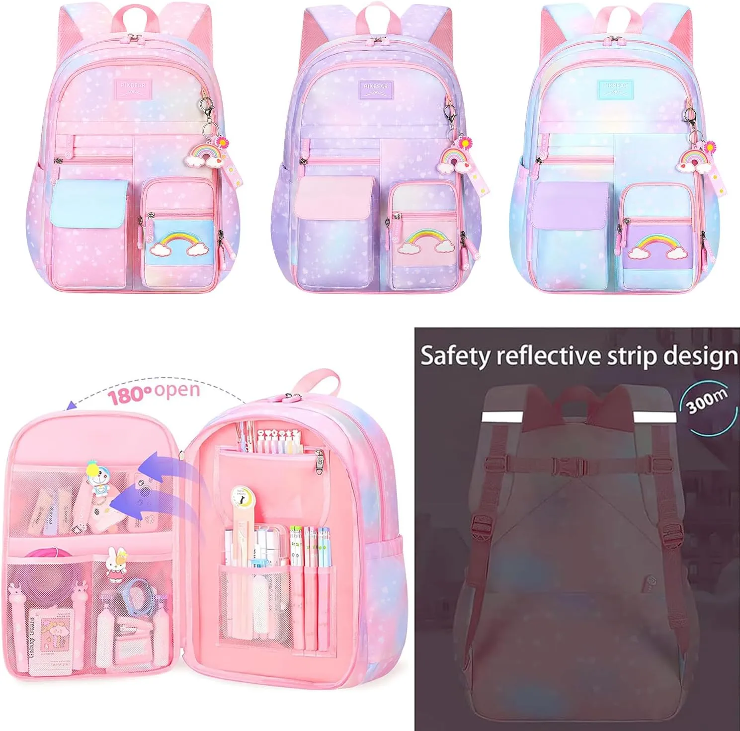 3Pcs Girls Backpack Cute Rainbow Bookbag for Kids Girls Starry School Bag with Unicorn Purse Crossbody Bags and Pencil Pouch