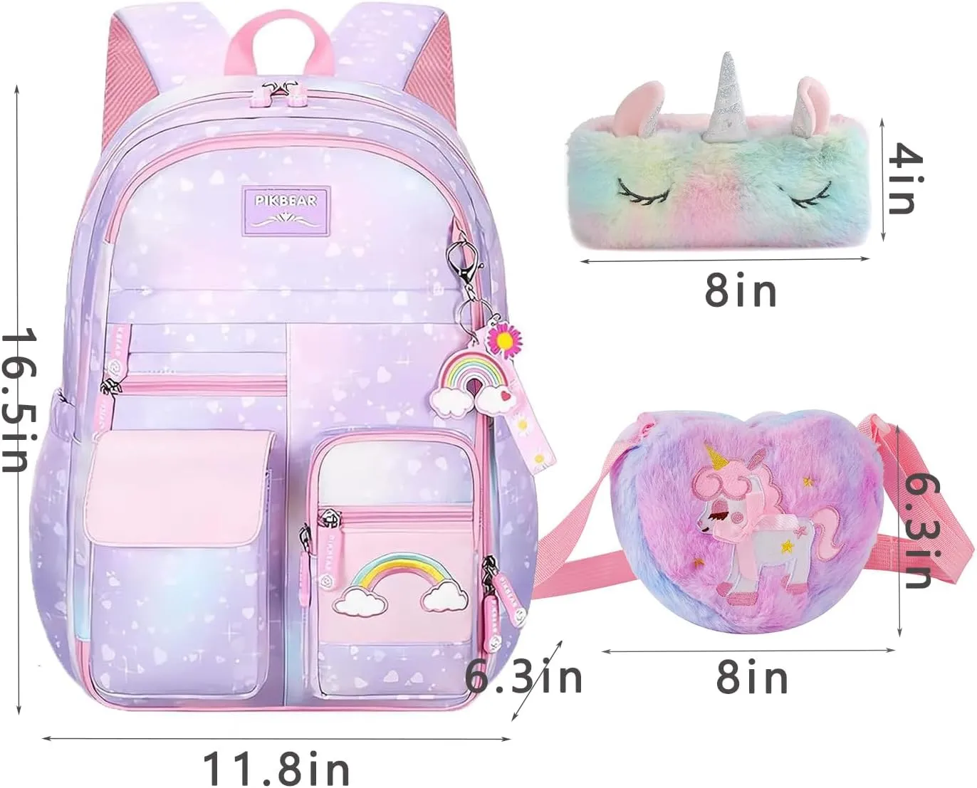 3Pcs Girls Backpack Cute Rainbow Bookbag for Kids Girls Starry School Bag with Unicorn Purse Crossbody Bags and Pencil Pouch