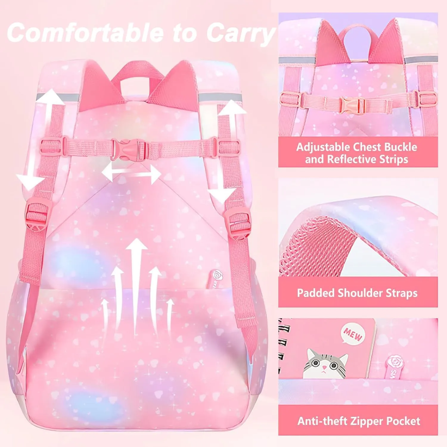 3Pcs Girls Backpack Cute Rainbow Bookbag for Kids Girls Starry School Bag with Unicorn Purse Crossbody Bags and Pencil Pouch