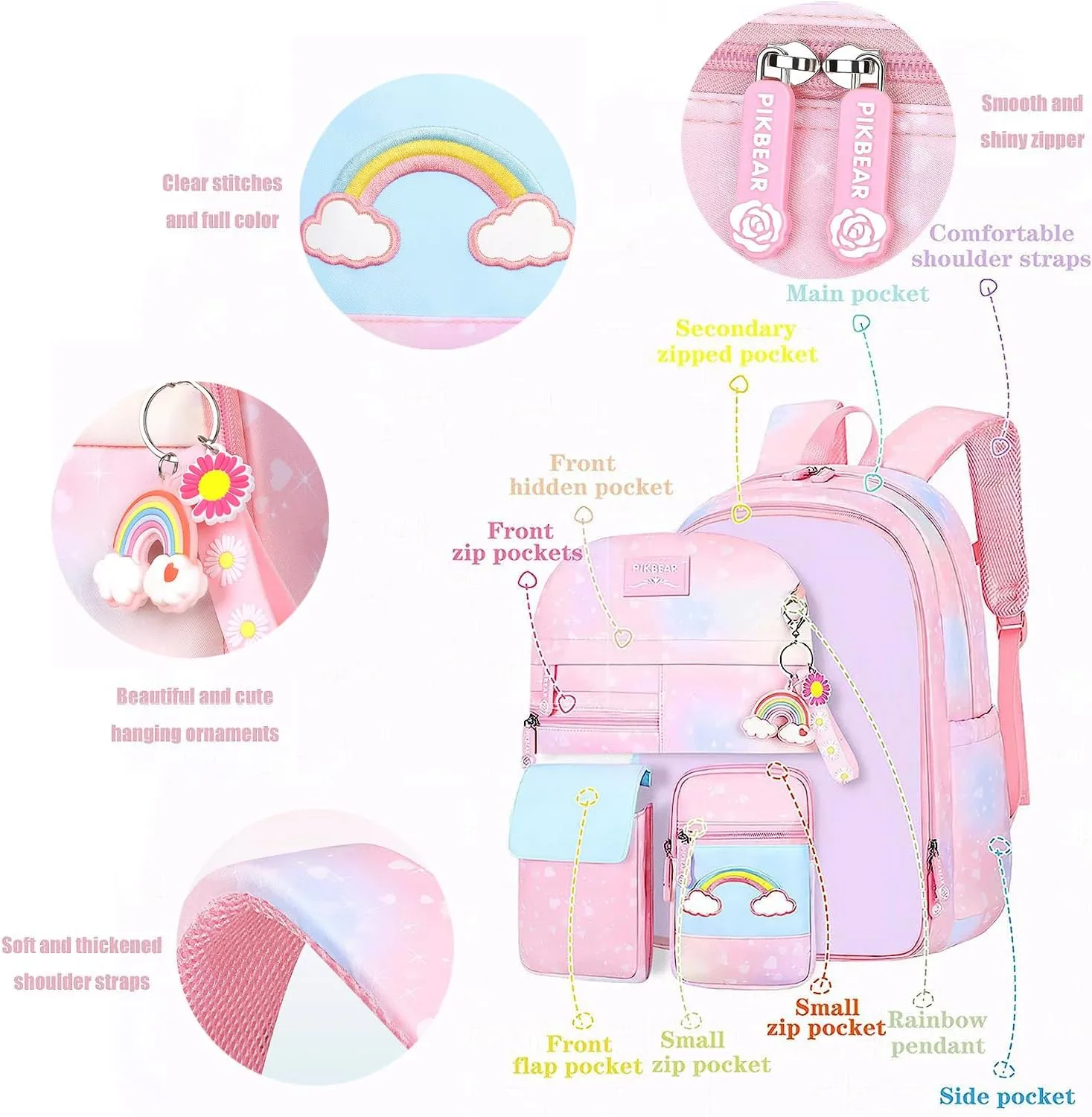 3Pcs Girls Backpack Cute Rainbow Bookbag for Kids Girls Starry School Bag with Unicorn Purse Crossbody Bags and Pencil Pouch