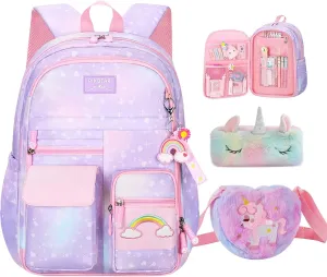 3Pcs Girls Backpack Cute Rainbow Bookbag for Kids Girls Starry School Bag with Unicorn Purse Crossbody Bags and Pencil Pouch
