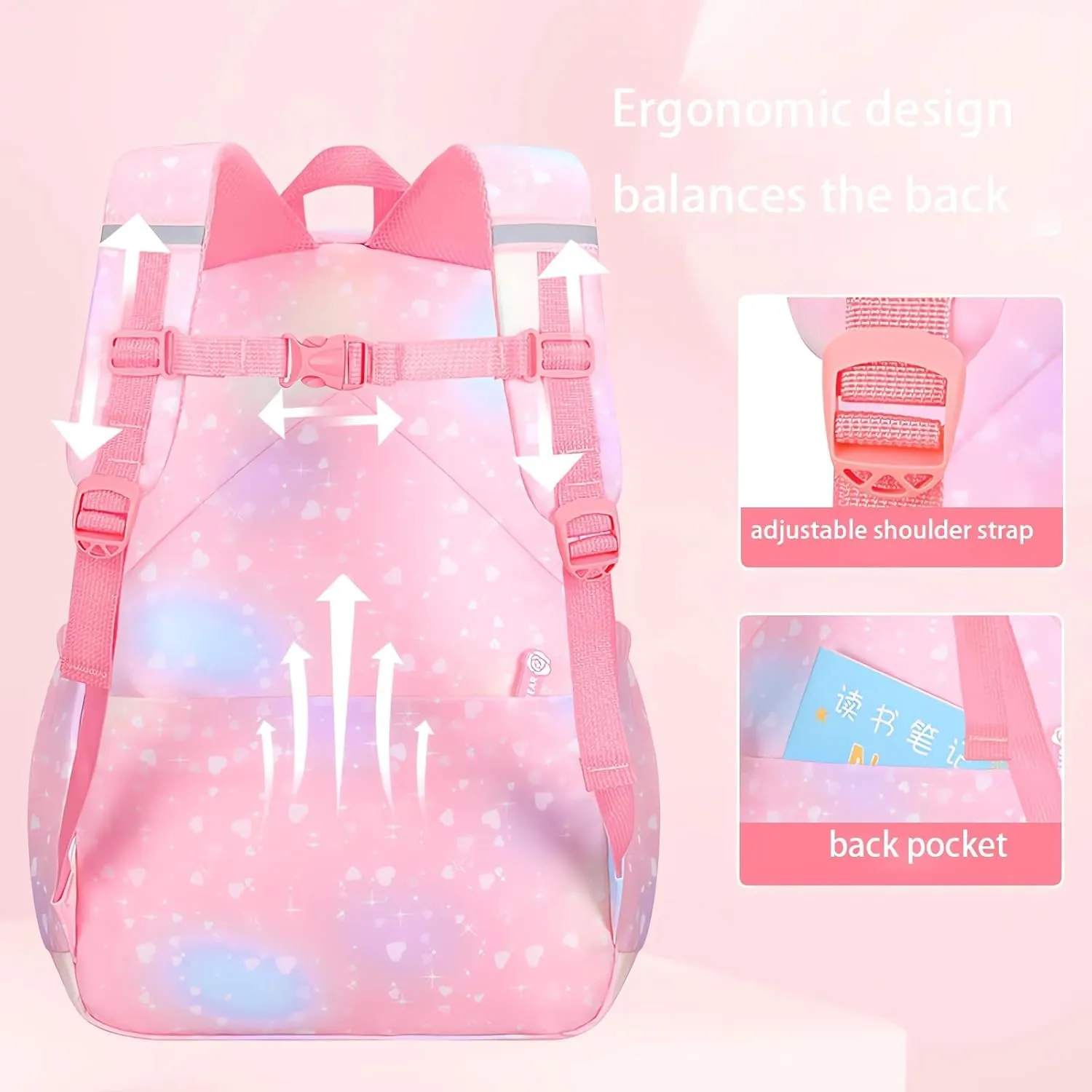 3Pcs Girls Backpack Cute Rainbow Bookbag for Kids Girls Starry School Bag with Unicorn Purse Crossbody Bags and Pencil Pouch