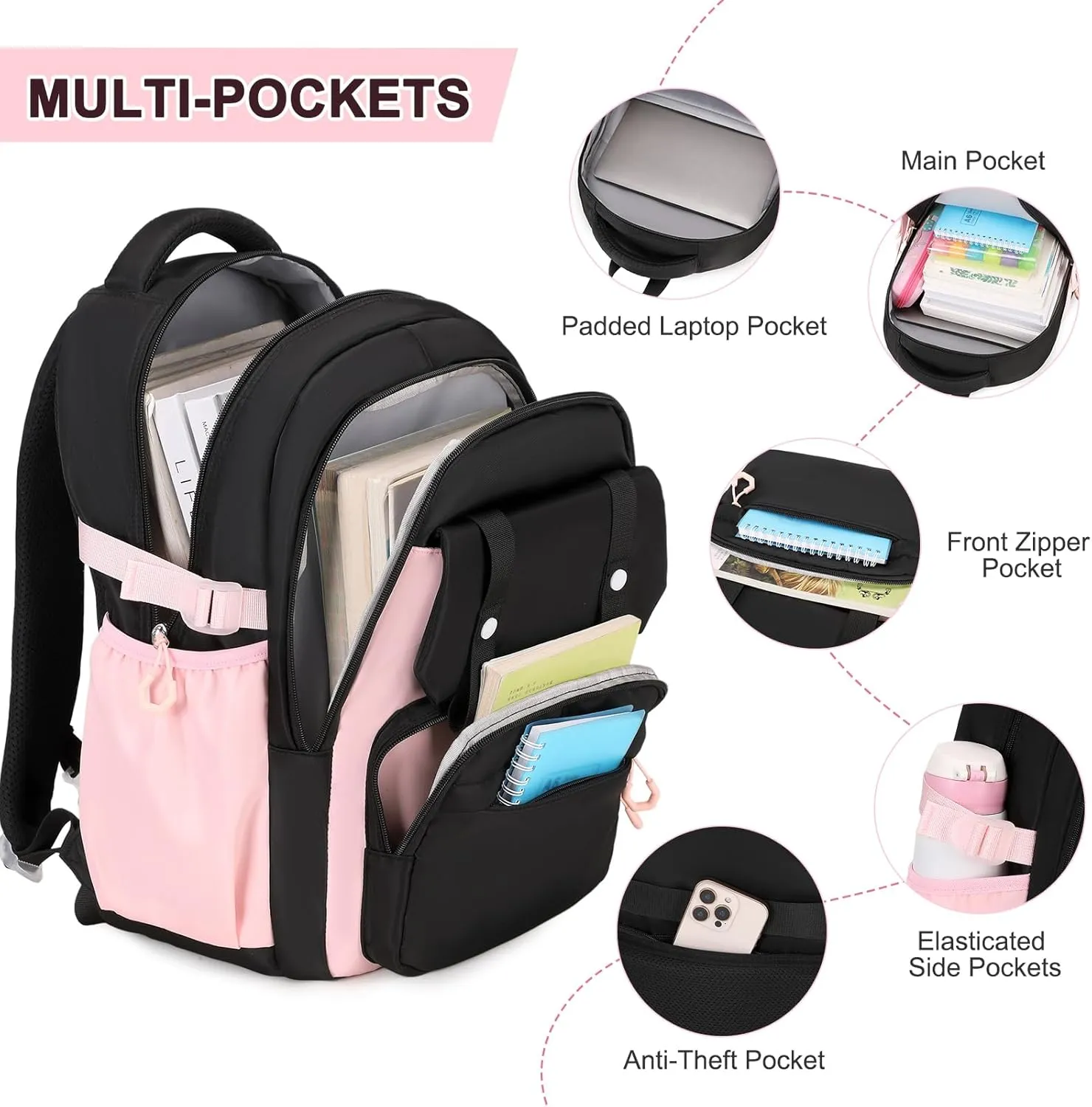 3PCS Girls Backpack for School, Kids School Backpack for Girls with Lunch Bag Pencil Case, Kids School Bookbag Teen Girls Backpacks for Elementary Middle High College School (Black-Pink)
