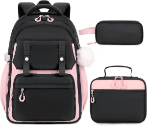 3PCS Girls Backpack for School, Kids School Backpack for Girls with Lunch Bag Pencil Case, Kids School Bookbag Teen Girls Backpacks for Elementary Middle High College School (Black-Pink)