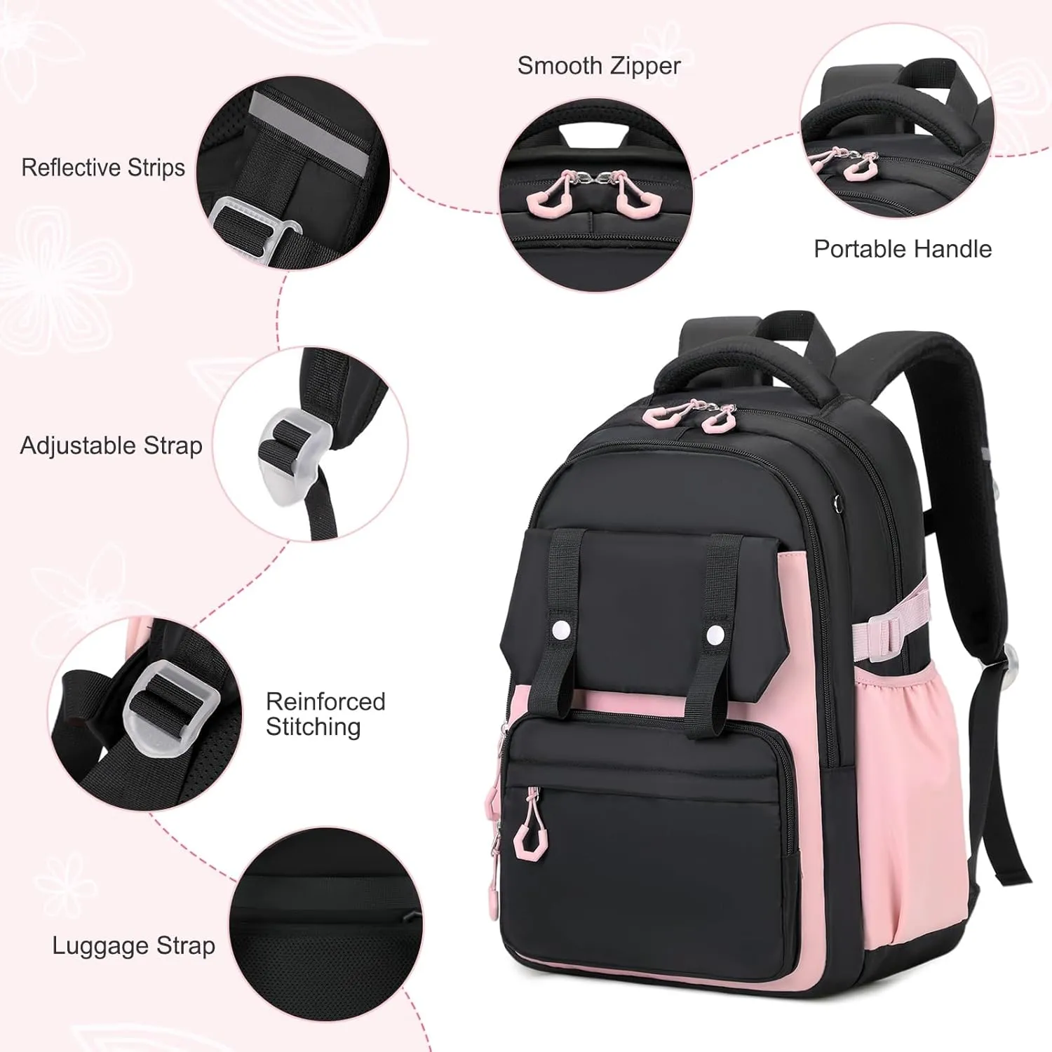 3PCS Girls Backpack for School, Kids School Backpack for Girls with Lunch Bag Pencil Case, Kids School Bookbag Teen Girls Backpacks for Elementary Middle High College School (Black-Pink)