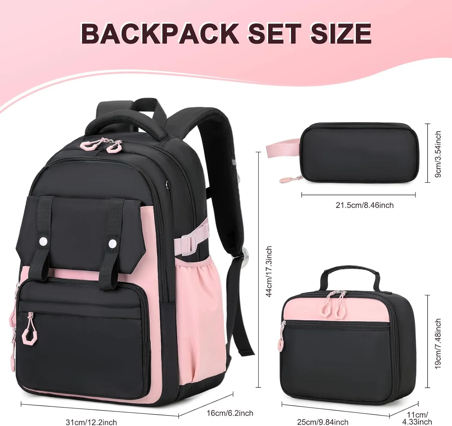 3PCS Girls Backpack for School, Kids School Backpack for Girls with Lunch Bag Pencil Case, Kids School Bookbag Teen Girls Backpacks for Elementary Middle High College School (Black-Pink)