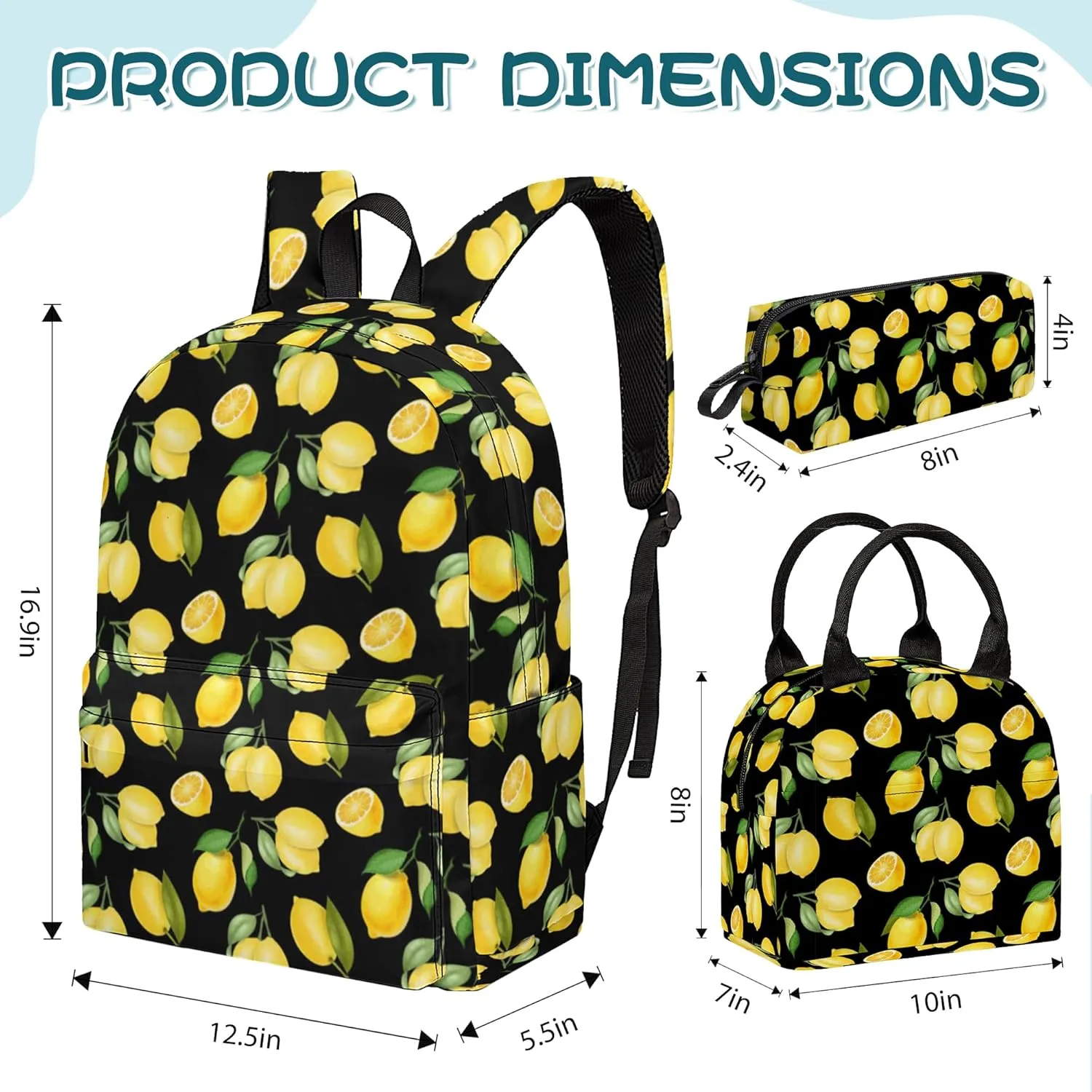 3PCS Girls Boys Backpack, Kids School Backpack with Lunch Box Pencil Case Set, Cute LemonBackpack for Girls Teens, 17" Schoolbag Bookbag for Elementary Middle High School Students