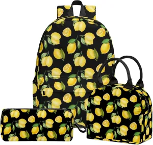 3PCS Girls Boys Backpack, Kids School Backpack with Lunch Box Pencil Case Set, Cute LemonBackpack for Girls Teens, 17" Schoolbag Bookbag for Elementary Middle High School Students