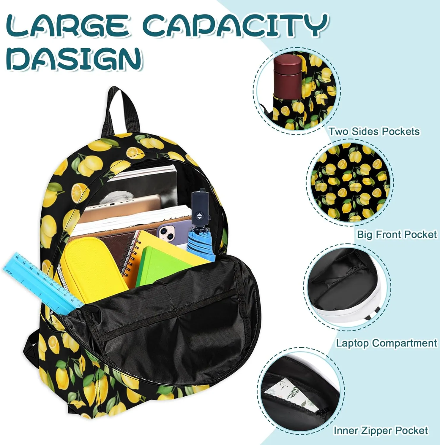 3PCS Girls Boys Backpack, Kids School Backpack with Lunch Box Pencil Case Set, Cute LemonBackpack for Girls Teens, 17" Schoolbag Bookbag for Elementary Middle High School Students