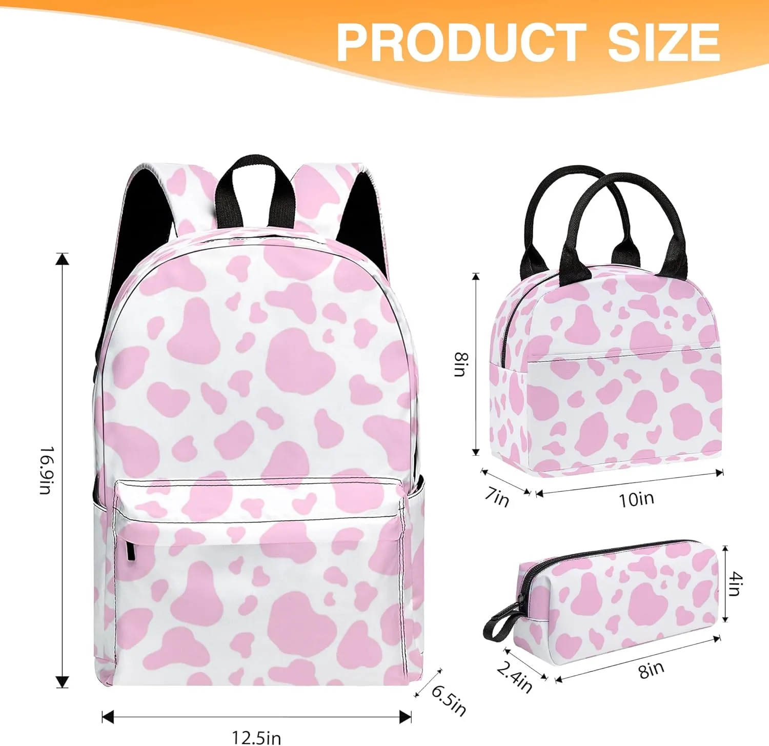 3PCS School Backpack for Boys Girls, Kids Backpack for Teens Elementary Middle High School Students, Large Capacity 17 Inch School Bags with Lunch Box and Pencil Case (Cow)
