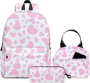 3PCS School Backpack for Boys Girls, Kids Backpack for Teens Elementary Middle High School Students, Large Capacity 17 Inch School Bags with Lunch Box and Pencil Case (Cow)