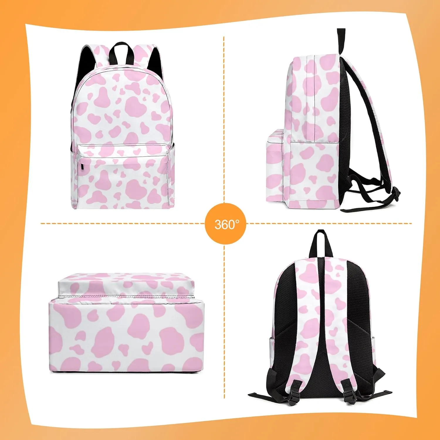 3PCS School Backpack for Boys Girls, Kids Backpack for Teens Elementary Middle High School Students, Large Capacity 17 Inch School Bags with Lunch Box and Pencil Case (Cow)