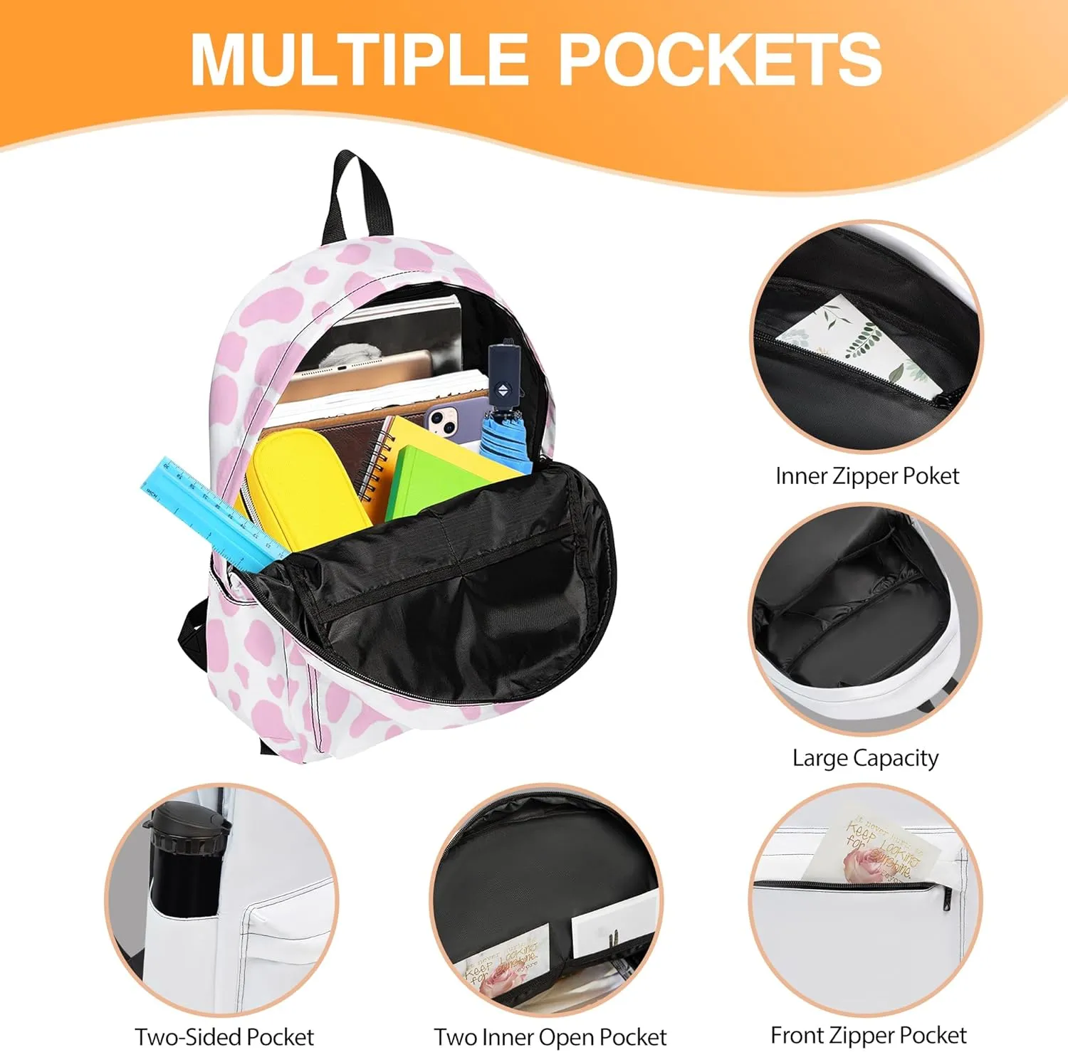 3PCS School Backpack for Boys Girls, Kids Backpack for Teens Elementary Middle High School Students, Large Capacity 17 Inch School Bags with Lunch Box and Pencil Case (Cow)