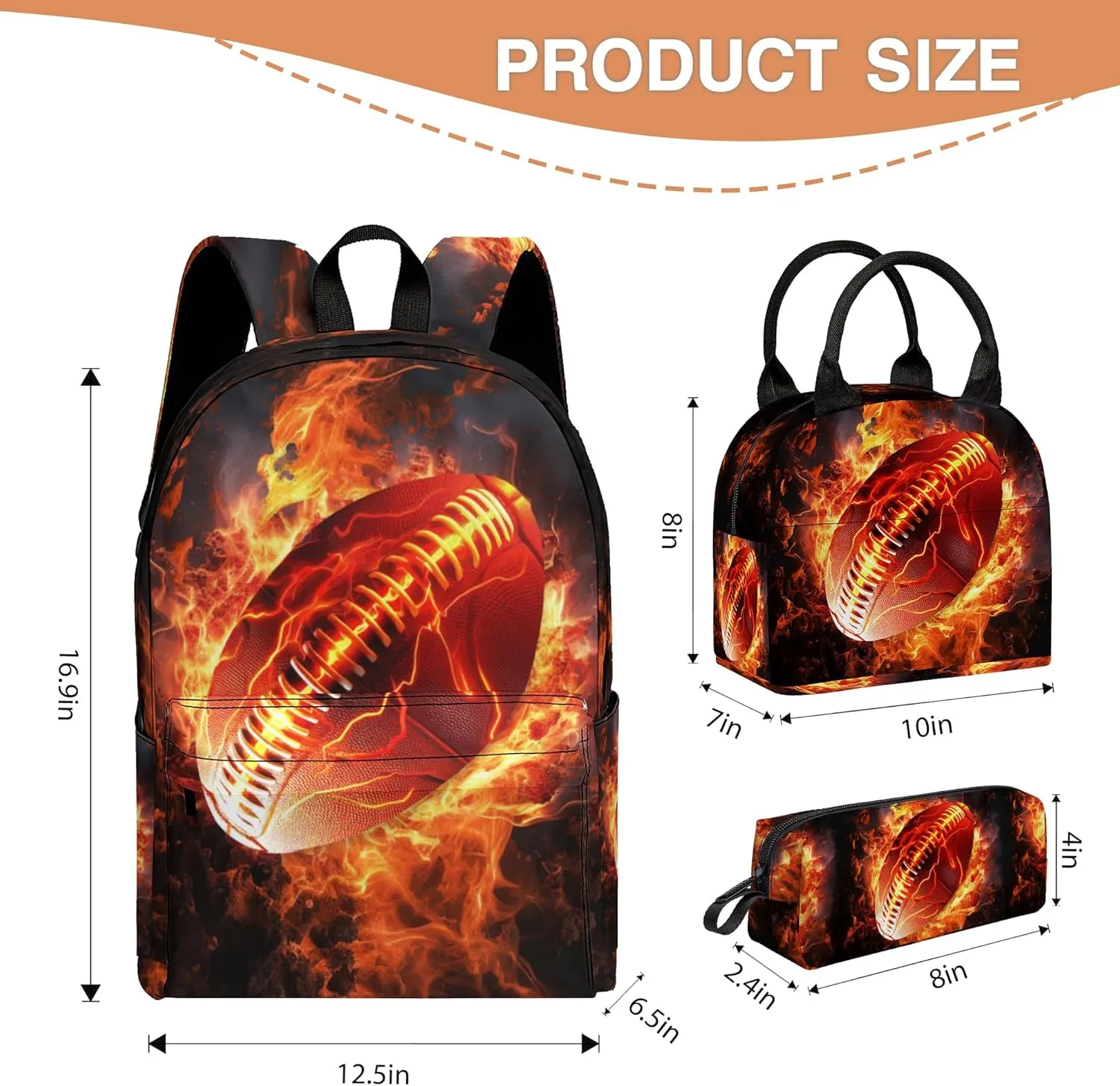 3PCS School Backpack for Boys Girls, Kids Backpack for Teens Elementary Middle High School Students, Large Capacity 17 Inch School Bags with Lunch Box and Pencil Case (Football)