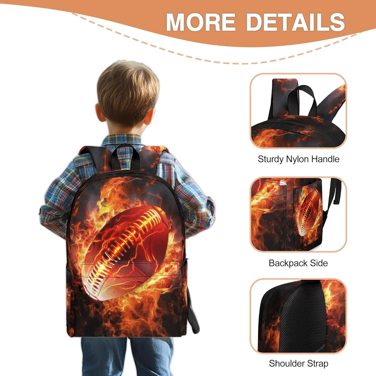 3PCS School Backpack for Boys Girls, Kids Backpack for Teens Elementary Middle High School Students, Large Capacity 17 Inch School Bags with Lunch Box and Pencil Case (Football)