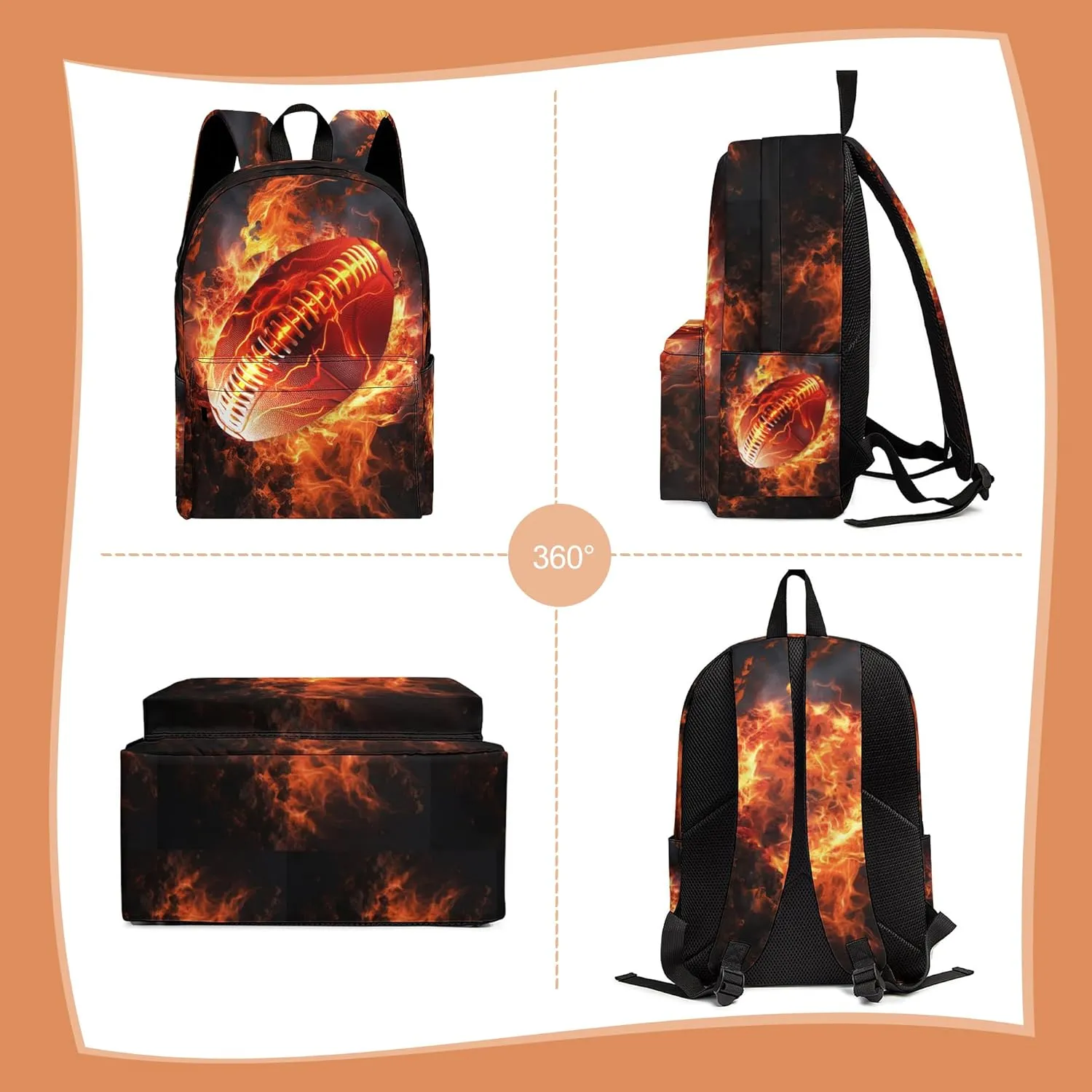 3PCS School Backpack for Boys Girls, Kids Backpack for Teens Elementary Middle High School Students, Large Capacity 17 Inch School Bags with Lunch Box and Pencil Case (Football)