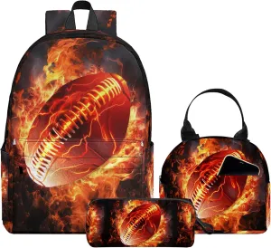 3PCS School Backpack for Boys Girls, Kids Backpack for Teens Elementary Middle High School Students, Large Capacity 17 Inch School Bags with Lunch Box and Pencil Case (Football)