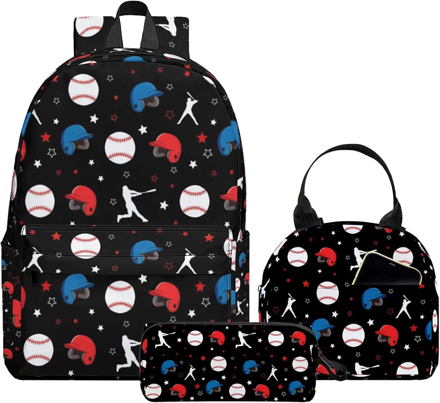 3PCS School Backpack for Boys Girls, Kids Backpack for Teens Elementary Middle High School Students, Large Capacity 17 Inch School Bags with Lunch Box and Pencil Case(Baseball)