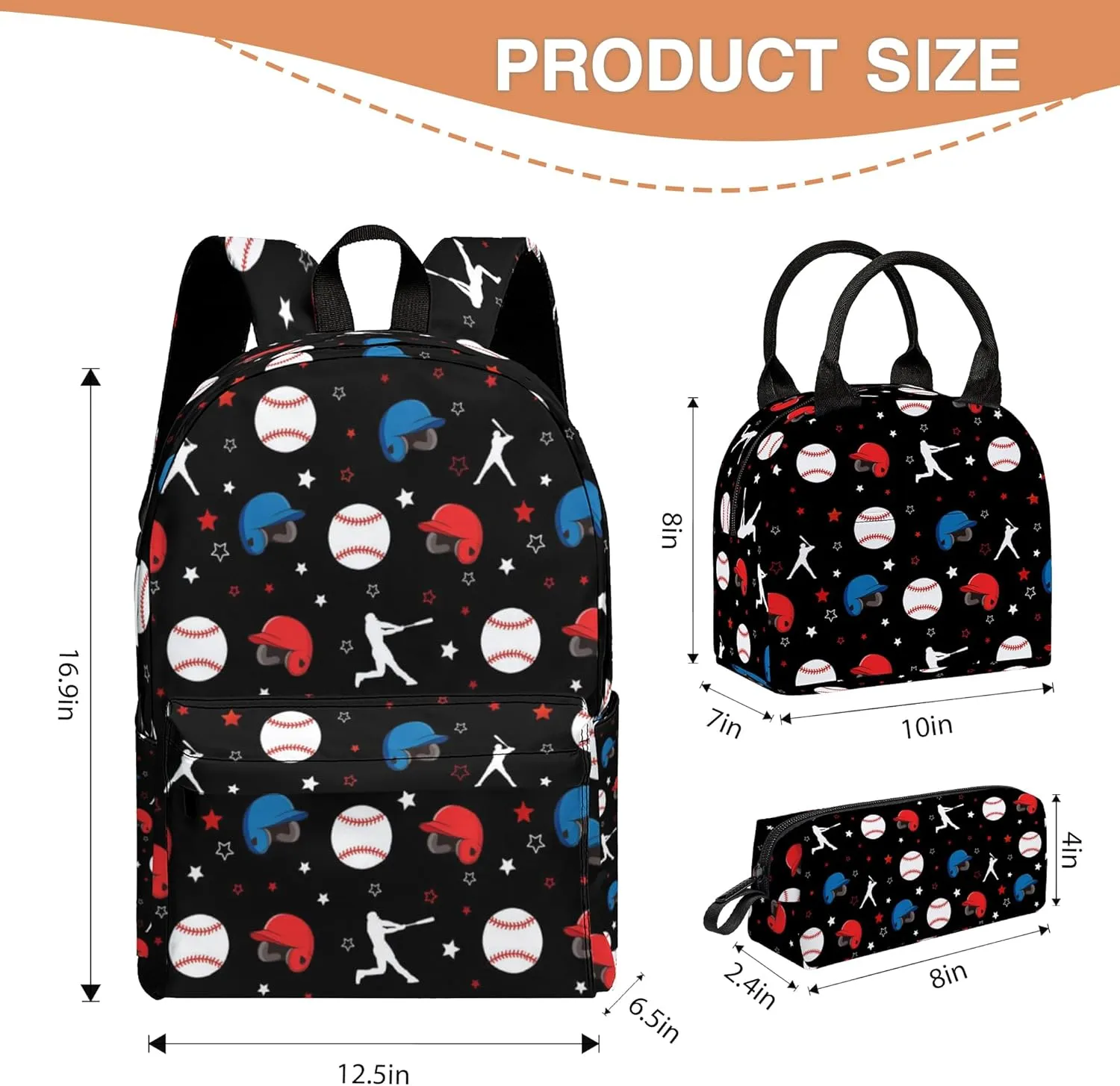 3PCS School Backpack for Boys Girls, Kids Backpack for Teens Elementary Middle High School Students, Large Capacity 17 Inch School Bags with Lunch Box and Pencil Case(Baseball)