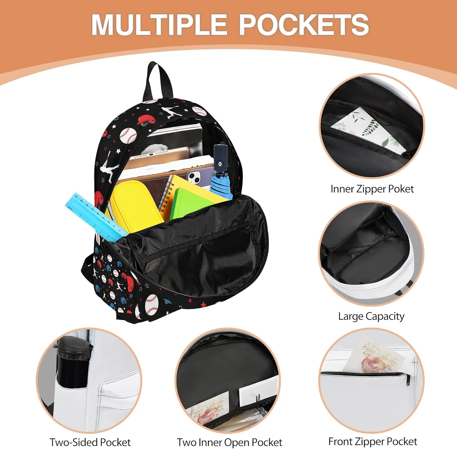 3PCS School Backpack for Boys Girls, Kids Backpack for Teens Elementary Middle High School Students, Large Capacity 17 Inch School Bags with Lunch Box and Pencil Case(Baseball)