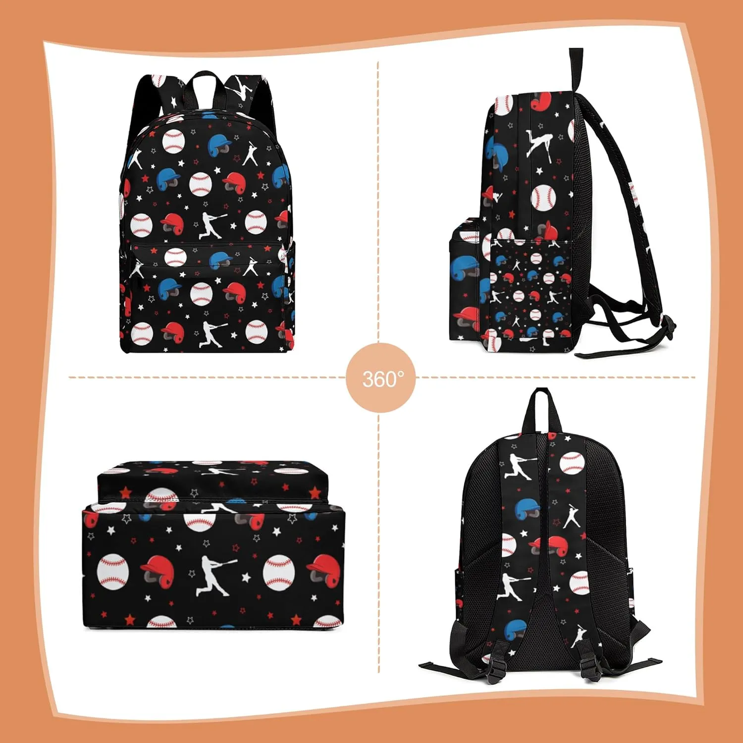 3PCS School Backpack for Boys Girls, Kids Backpack for Teens Elementary Middle High School Students, Large Capacity 17 Inch School Bags with Lunch Box and Pencil Case(Baseball)