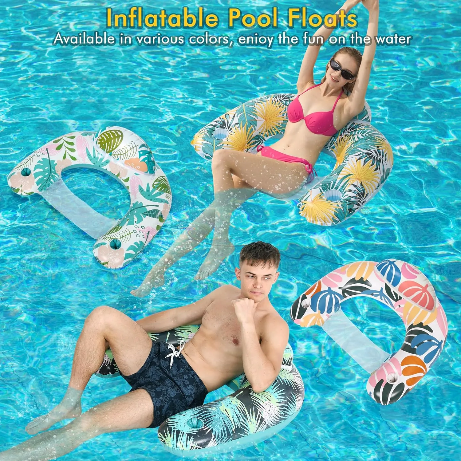 4 Pack Pool Floats Adult,OKSUWATER Pool Floaties for Adults with Two Cup Holders Inflatable Pool Floats Chairs, Lake Floats for Adults Toys Applies to Water Play Party