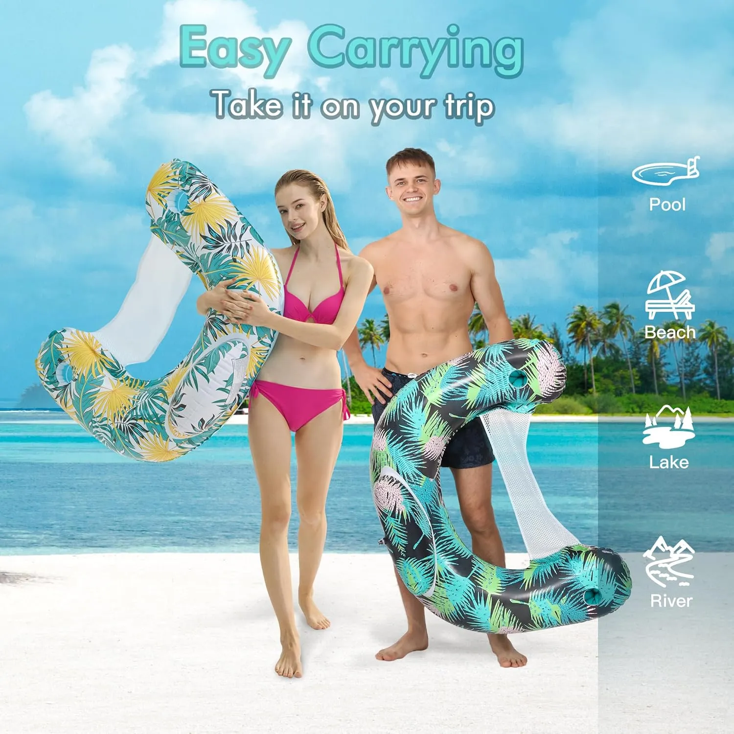 4 Pack Pool Floats Adult,OKSUWATER Pool Floaties for Adults with Two Cup Holders Inflatable Pool Floats Chairs, Lake Floats for Adults Toys Applies to Water Play Party