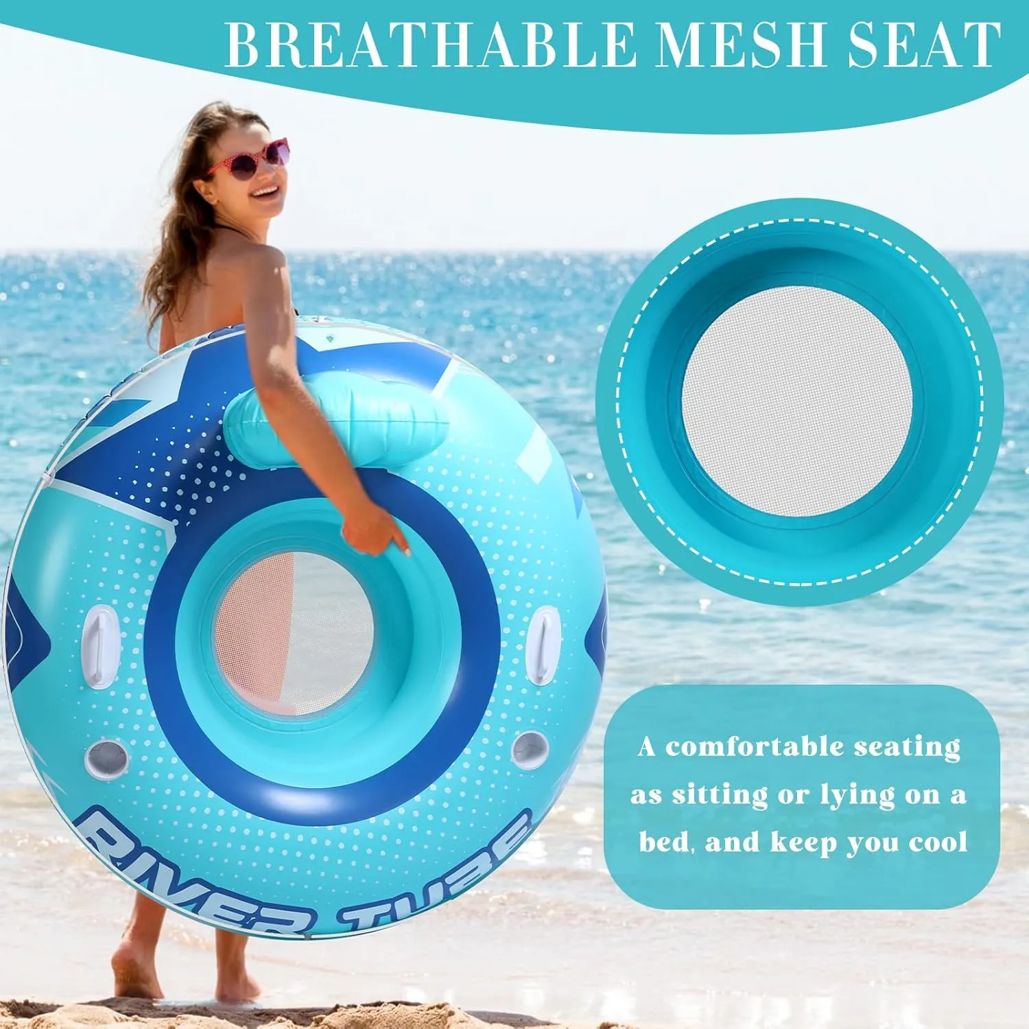 4 Pcs 53" Heavy Duty River Tube Float Inflatable Pool Floating Tube for Adult Large River Raft Water Chair Lounger with Mesh Bottom Backrest 2 Cup Holders and Handles,Holds 300lb