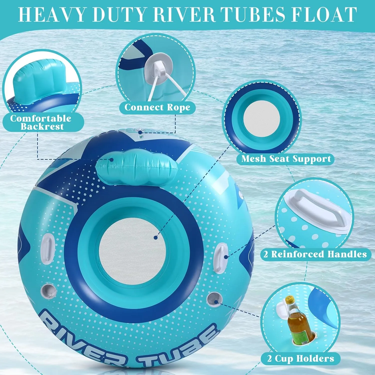 4 Pcs 53" Heavy Duty River Tube Float Inflatable Pool Floating Tube for Adult Large River Raft Water Chair Lounger with Mesh Bottom Backrest 2 Cup Holders and Handles,Holds 300lb
