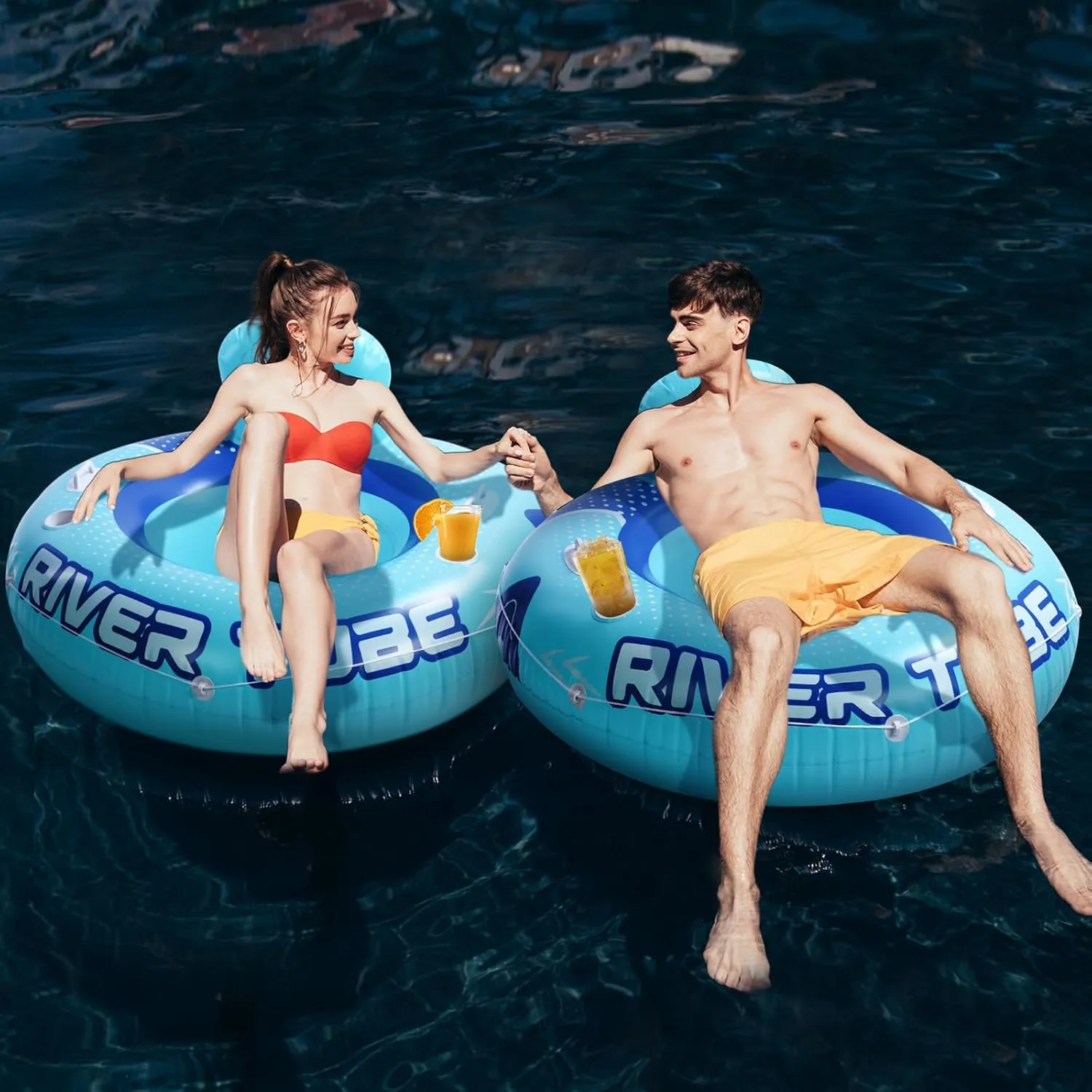 4 Pcs 53" Heavy Duty River Tube Float Inflatable Pool Floating Tube for Adult Large River Raft Water Chair Lounger with Mesh Bottom Backrest 2 Cup Holders and Handles,Holds 300lb