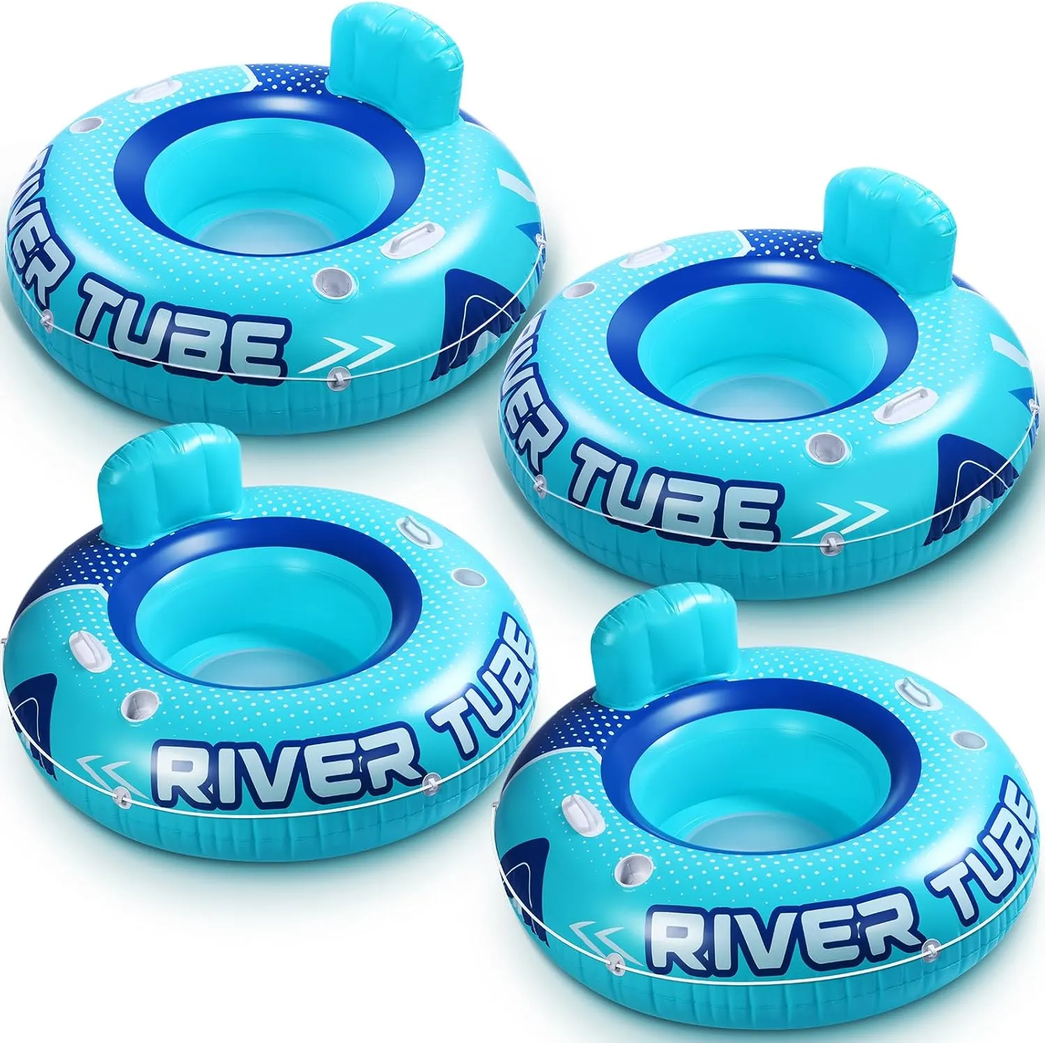 4 Pcs 53" Heavy Duty River Tube Float Inflatable Pool Floating Tube for Adult Large River Raft Water Chair Lounger with Mesh Bottom Backrest 2 Cup Holders and Handles,Holds 300lb