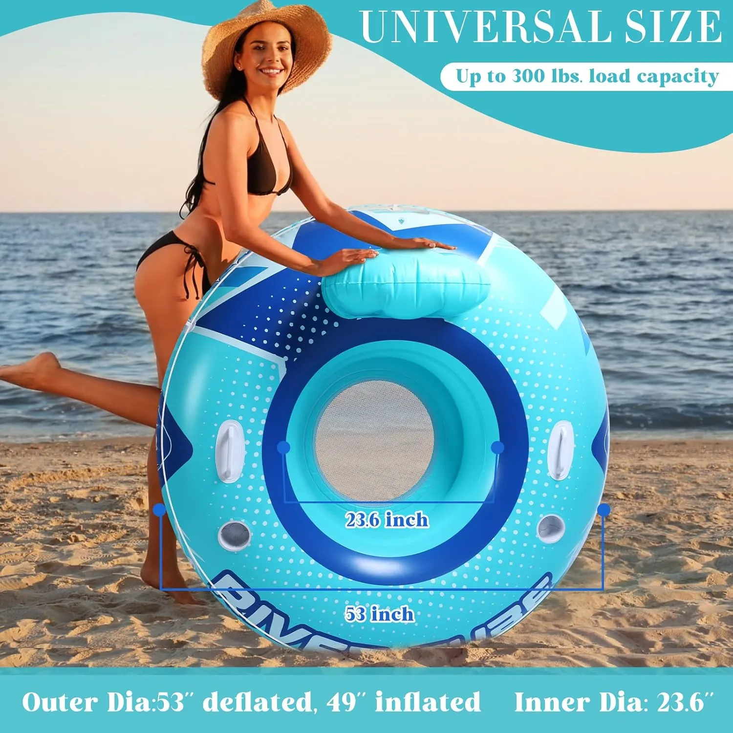 4 Pcs 53" Heavy Duty River Tube Float Inflatable Pool Floating Tube for Adult Large River Raft Water Chair Lounger with Mesh Bottom Backrest 2 Cup Holders and Handles,Holds 300lb