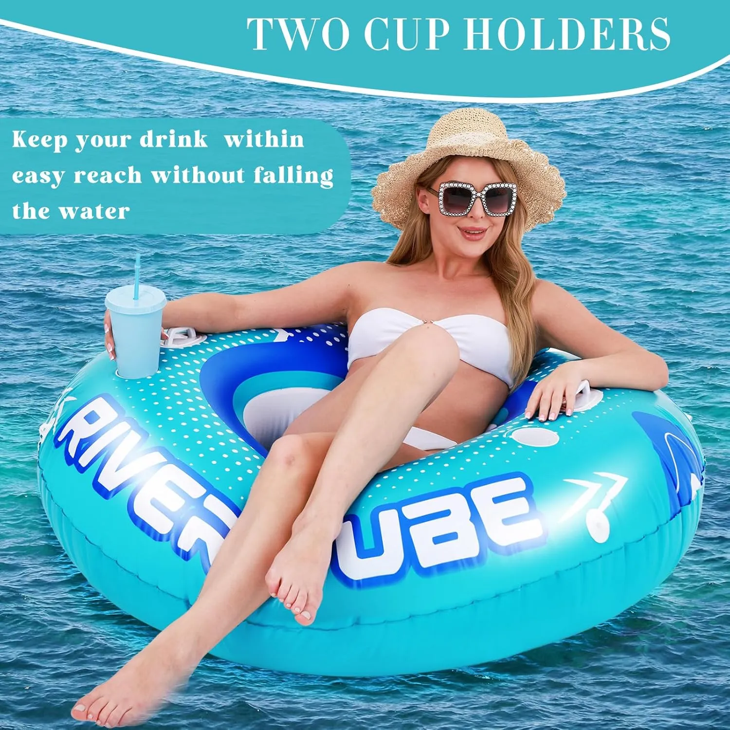 4 Pcs 53" Heavy Duty River Tube Float Inflatable Pool Floating Tube for Adult Large River Raft Water Chair Lounger with Mesh Bottom Backrest 2 Cup Holders and Handles,Holds 300lb