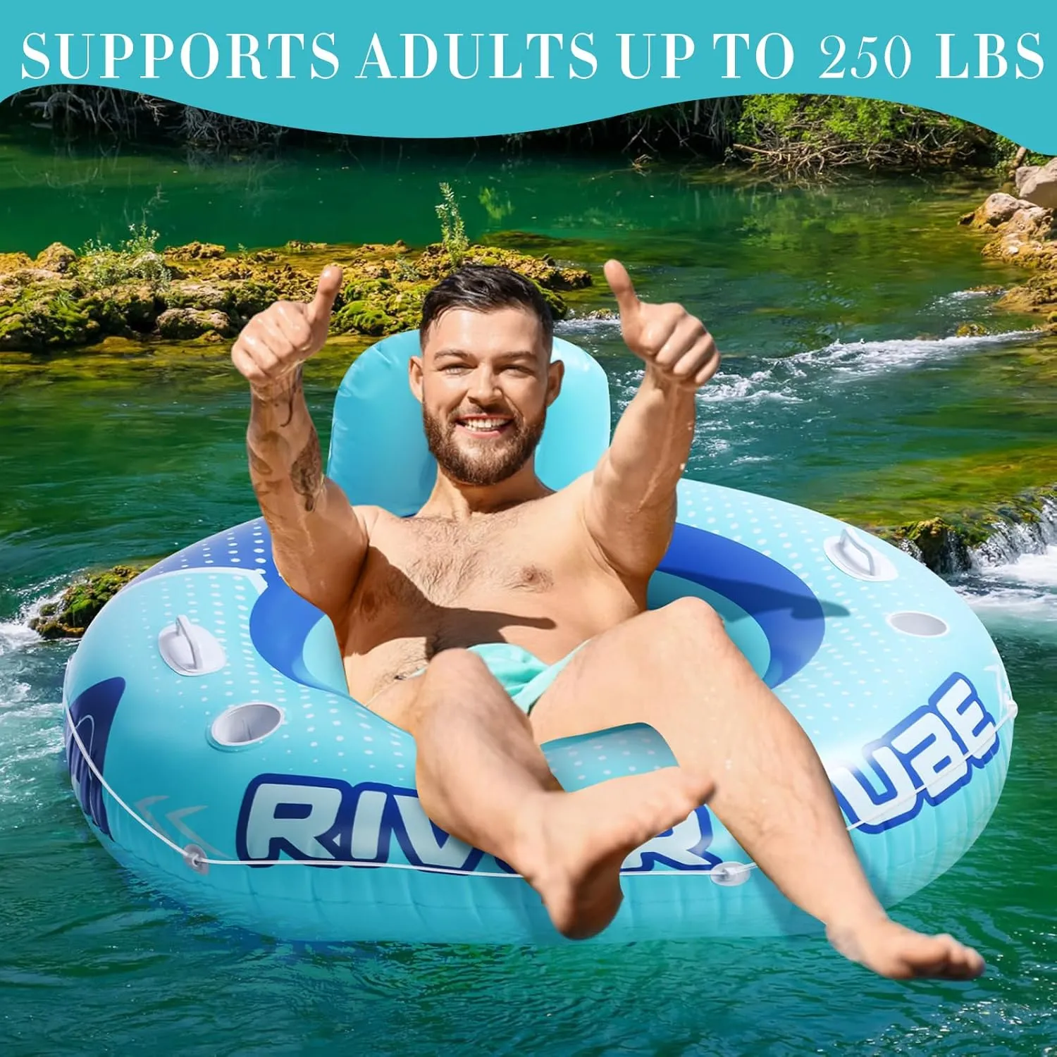 4 Pcs 53" Heavy Duty River Tube Float Inflatable Pool Floating Tube for Adult Large River Raft Water Chair Lounger with Mesh Bottom Backrest 2 Cup Holders and Handles,Holds 300lb