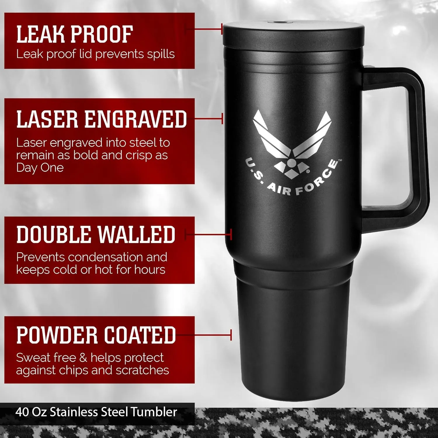 40oz USAF Tumbler with Handle, Leakproof Lid & Straw-Laser-Engraved Air Force Logo - Gifts for Airmen - USAF 40oz Tumbler