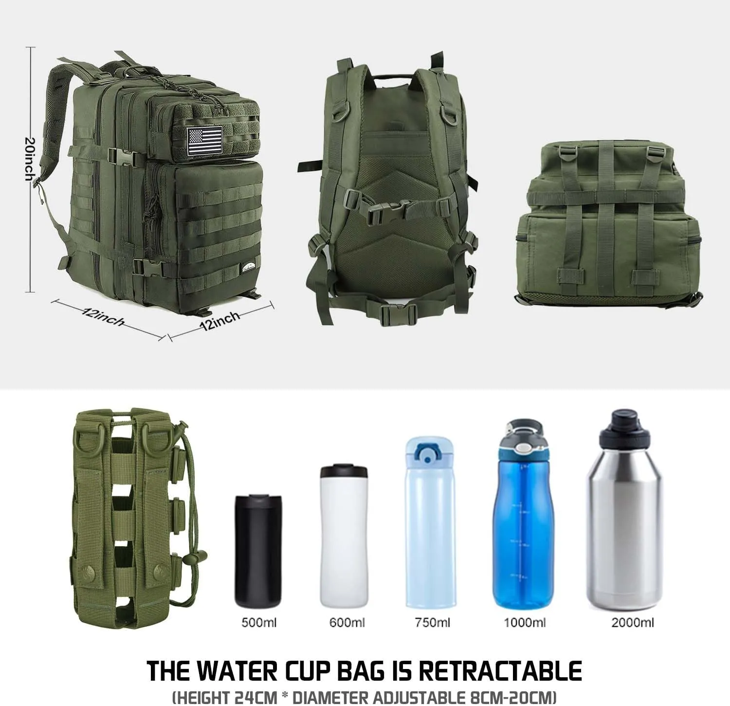 45L Military Tactical Backpack For Men Highland Assault Army Pack 3 Day Molle Bug Out Bag With Water Cup Pouch Large Camping Hiking Green Rucksack Work Daypack
