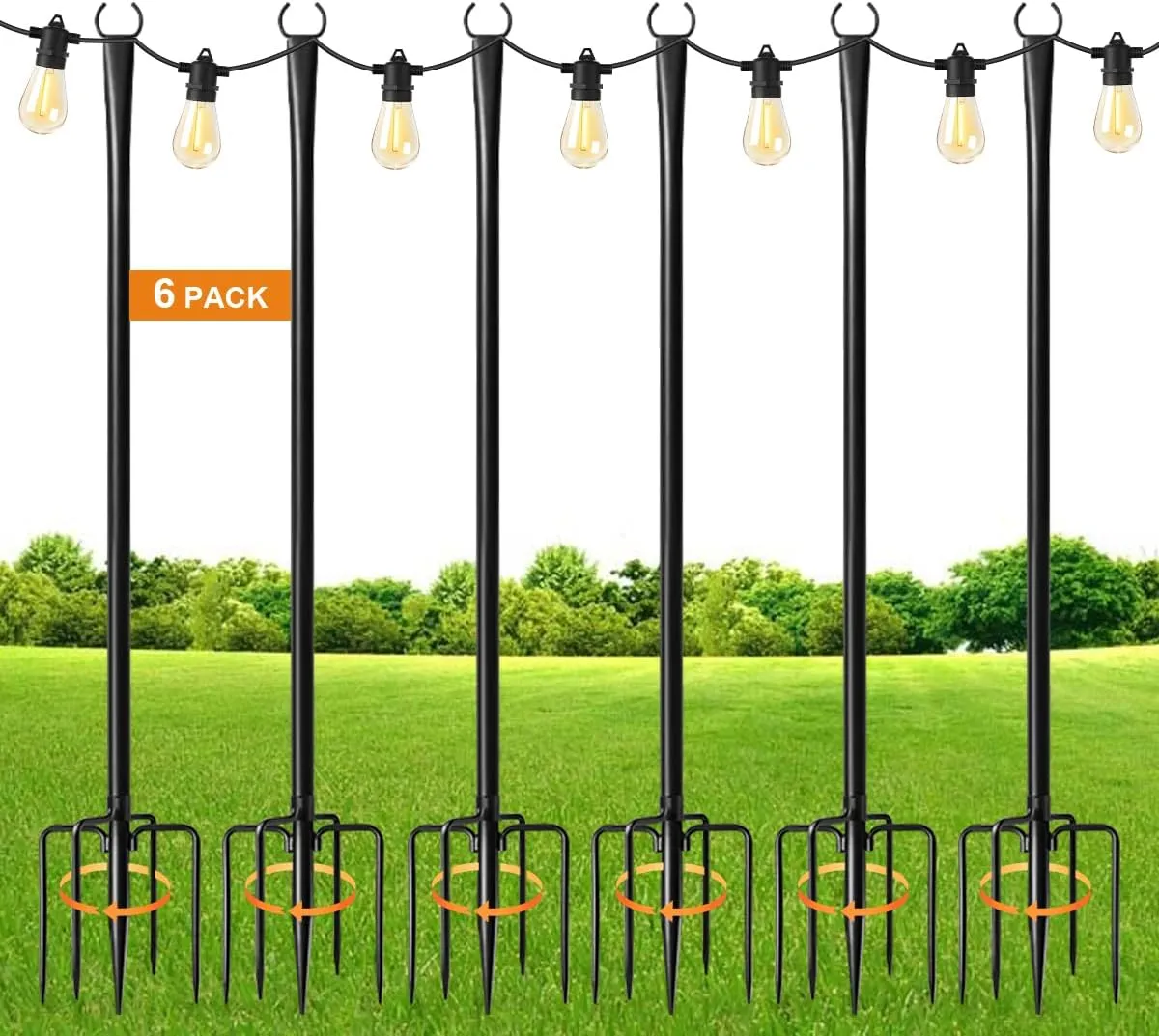 6 Pack 10FT String Light Poles for Outdoor,Metal Lights Hanging Pole Outside with Fork,Light Stand for Patio, Pergola, Garden, Backyard, Yard, Camping Party