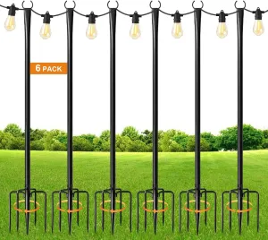 6 Pack 10FT String Light Poles for Outdoor,Metal Lights Hanging Pole Outside with Fork,Light Stand for Patio, Pergola, Garden, Backyard, Yard, Camping Party