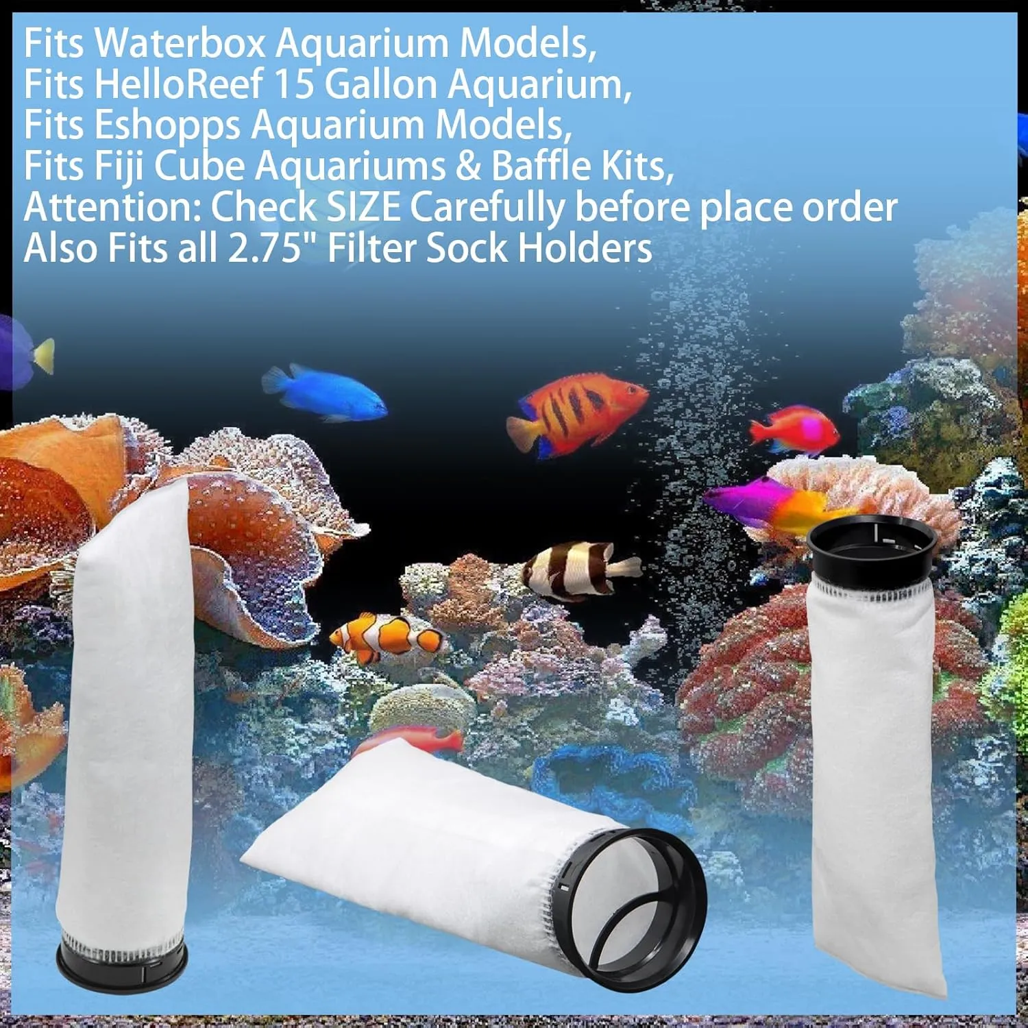 6 Pack 2.75 Inch 225 Micron Filter Sock Fits Waterbox Aquarium Models, Fits Eshopps Aquarium Models, Fits Fiji Cube Aquariums, Also Fits all 2.75" Filter Sock Holders